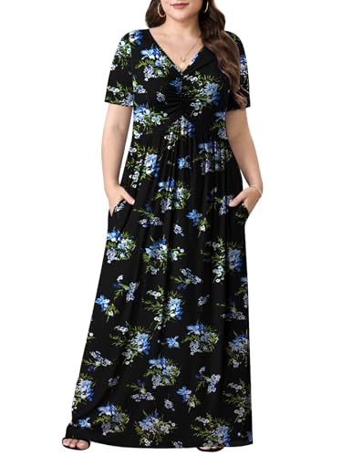 Image of PEVRL Plus Size Summer Maxi Dress for Curvy Women with Pockets 1X-5X | Short Sleeve, Twisted Front V-Neck, Summer Casual A Line Flowy Dress, Empire Waist Floral Print Beach Vacation Long Dress