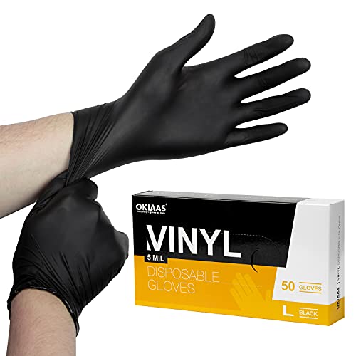 OKIAAS Einweghandschuhe Schwarz L, Vinyl Einmalhandschuhe Puderfrei, 5 mil, 50 Stück Tattohandschuhe Latexfrei Handschuhe Einweg für Kochen, Grill, Putzen