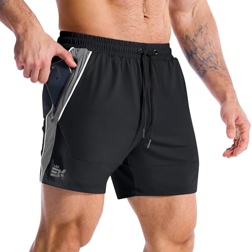 ZENWILL DRI-Armor Pantalones Cortos Hombre Deporte Cremallera Pantalon Corto Running,Ligeros Pantalón Corto Gym Secado Rápido(Negro,L)