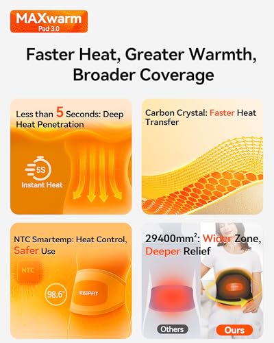 Image of IKEEPFIT Portable Heating Pad for Back, Cordless Wearable Heat Belt with Massager for Lower Back Pain Relief, Battery Powered 8000 mAh Rechargeable, MAXwarm 3.0, Gift for Women Men 90-310 lbs