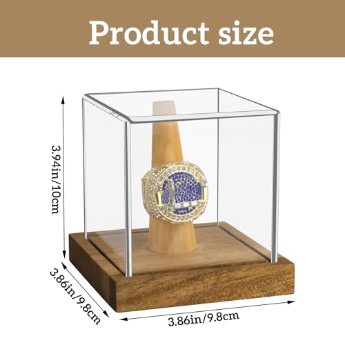 Image of Hooqict Championship Ring Display Case Clear Acrylic Ring Case Display Box UV Protected with Wood Base Stand for Sports Baseball Basketball Softball Football Single Ring Holder Coin Stand