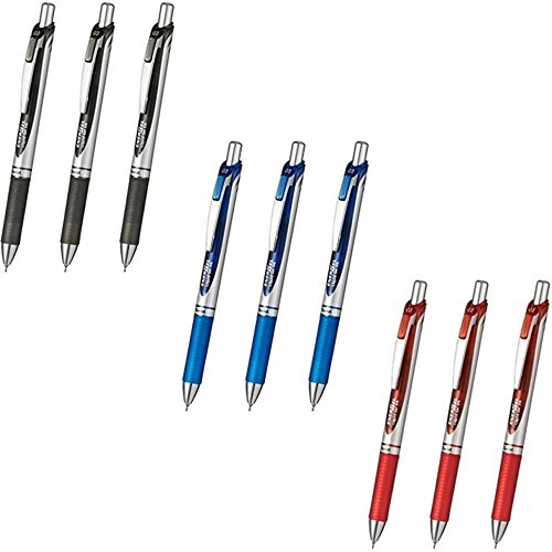 Pentel Energel Deluxe RTX Retractable Liquid Gel Pen,Ultra Micro Point 0.3mm, Fine Line, Needle Tip, Black,Blue,Red Ink Each 1 Pen Total 3 Pens-Value Set of 3 (Value Set of 9)