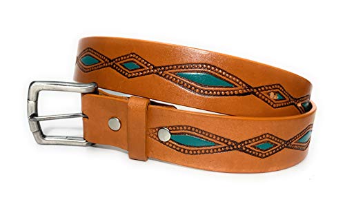 Men's Turquoise Decorated Western Casual Work Leather Belt 1 1/2 Inch Wide (44, Tan)