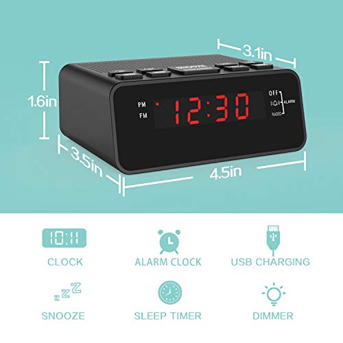 Alarm Clock, FM Digital Alarm Clock Radio for Bedrooms with USD Charger Red Display