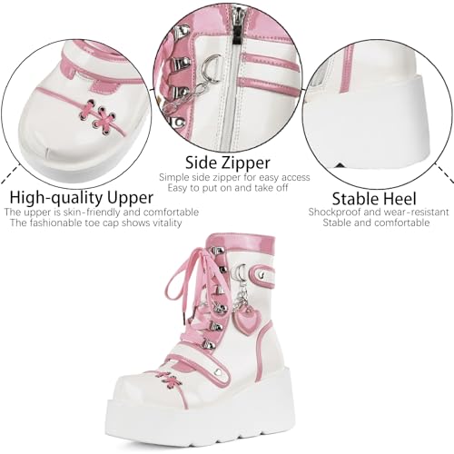 Women's Leather Platform Goth Rave Ankle Boots With Side Zipper Comfort Round Toe Lug Sole Wedge High Heel Kawaii Booties Cute Chain Lace Up Punk Y2K Combat Boots3
