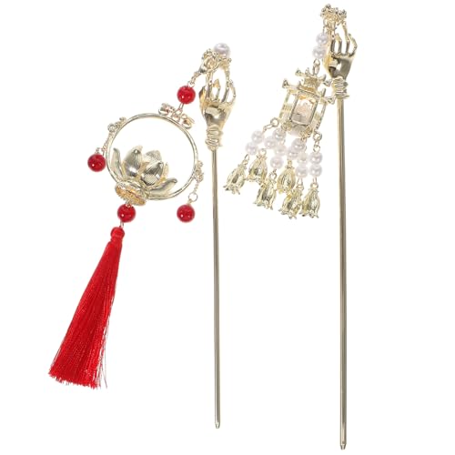 2 Pcs Vintage Hairpin Hair Clips Chinese Flower Tassel Headpieces For Women Girls, Ponytail Updo Bun For Thin Thick Hair