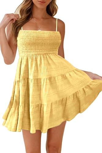 Image of HVEPUO Women Spaghetti Strap Sleeveless Smock Cami Mini Dress Summer Vacation Flowy Boho A Line Swing Short Dresses for Women