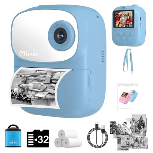 Kids Camera Instant Print for Kids, Kid Camera Instant with Mirror, HD Dual-Lens Selfie Digital Camera with 3 Rolls Print Paper & 32GB Card, Holiday Birthday Gifts Toys for Girls Boys Toddler.(Blue
