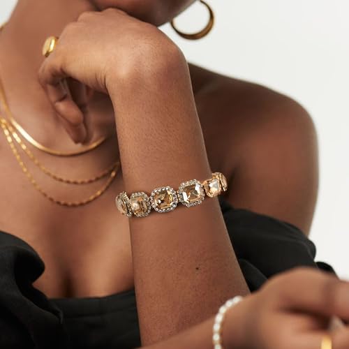 BriLove Women's Wedding Bridal Multi Emerald Cut Crystal Open Bangle Stretch Bracelet3