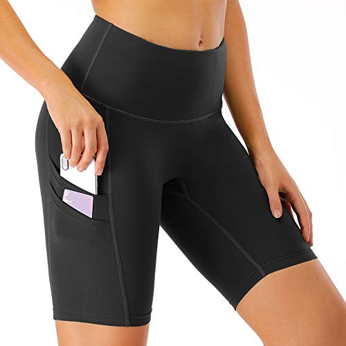 Bovodo High Waist Yoga Shorts with 4 Pockets Tummy Control Workout Sport Legging Non See-Through Yoga Shorts (Black,Large)