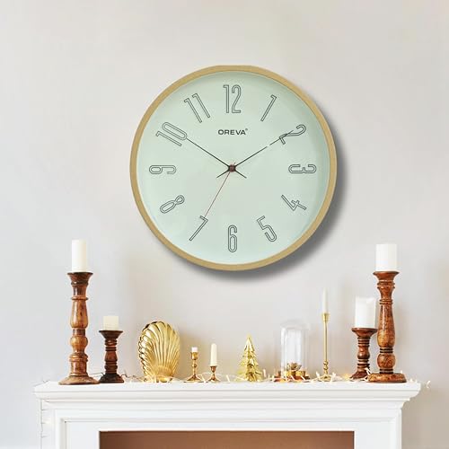 Image of OREVA 14 Inch Round Fancy Embossed Number Dial Contemporary Stylish Quartz Clocks Modern Analog Silent Wall Clock for Living Room Bedroom Home Decor Office AQ-9477SS (L Wood)