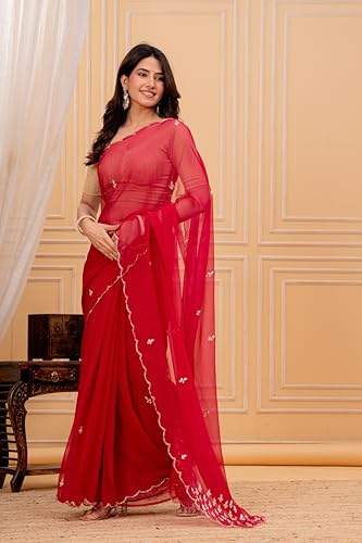 Image of Women's Red Embroidered Saree with Golden Blouse | Traditional Embroidery Work Saree for Women | Wedding Festive Saree and Wear Ethnic Outfit