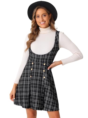 Allegra K Damen Latzkleid Kariertes Tweedkleid mit Knopfdekor U-Ausschnitt Kleider Schwarz L