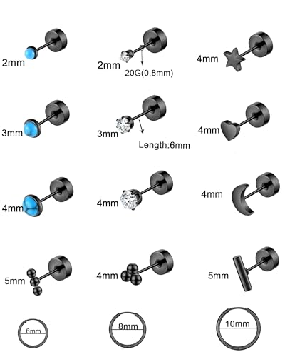 Surgical Stainless Steel Flat Back Stud Earrings for Women Men Hypoallergenic Hoop Earrings for Cartilage Helix Lobes Multiple Piercing jewerly Screw Back Earring Set Silver/Gold/Black2