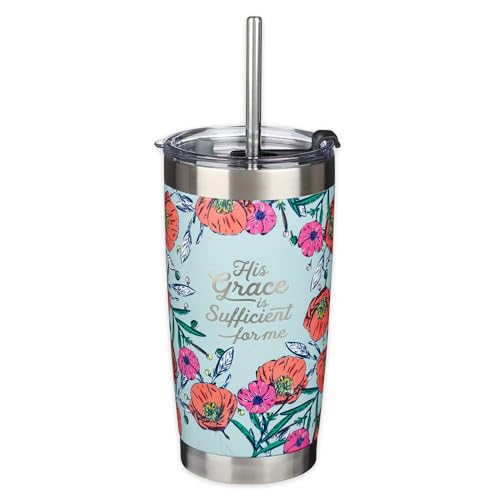 Christian Art Gifts Stainless Steel Double-Wall Vacuum Insulated Tumbler w/Straw & Lid 18 oz Teal Floral Inspirational Bible Verse Travel Mug for Women - His Grace is Sufficient - 2 Cor. 12:9