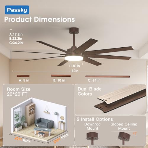 Image of 72 Inch Ceiling Fans with Lights, Large Modern Ceiling Fan with Light and Remote Control, Reversible, 3CCT, Dimmable, Quiet, Brown Ceiling Fan for Bedroom Living Room Patio Farmhouse, Indoor /Outdoor