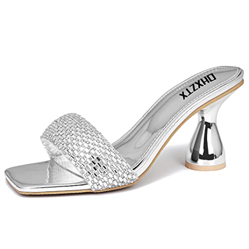 Image of Women's Square Open Toe Kitten Heel Mules, Rhinestone Sandals | Metallic PU Slides & 3.15 IN Block Square Heels: Non-Slip Rubber Outsole, Easily for Wedding, Party or Work.
