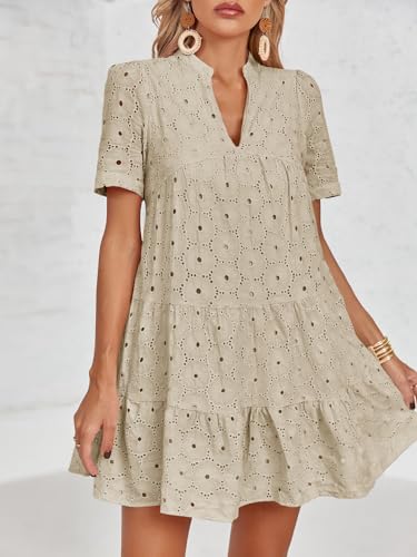 Image of Imily Bela Womens Summer Lace Dresses Eyelet Casual Flowy Babydoll Swing Short Sleeve V Neck Tunic Dress