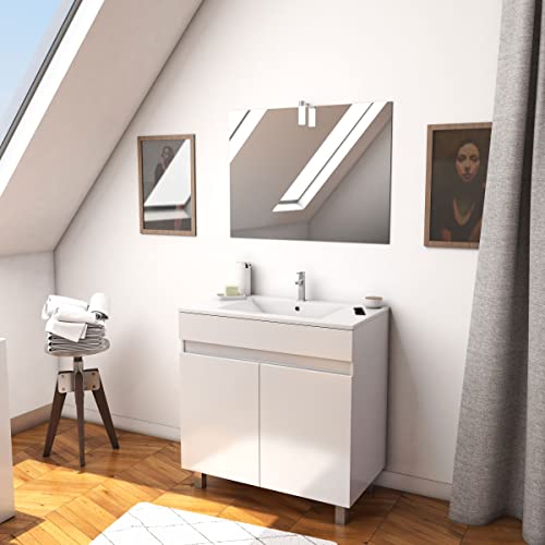 AURLANE Ensemble Meuble de Salle de Bain Blanc 80 cm sur Pied + Vasque ceramique Blanche + Miroir LED