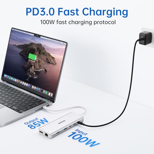 Image of USB C Laptop Docking Station Dual Monitor Dual HDMI 4K DP Triple Display Hub, 13 in 1 MOKiN USB C Hub with 3 Monitors, DisplayPort, USB 3.1, RJ45, 100W PD, Card Reader, Audio /Mic, for Dell HP, Sliver