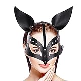Asooll Leather Fox Mask Sexy Cosplay Leather Animal Half Face Mask Masquerade Rabbit Mask Rave Party Halloween Costume Accessories for Women (Black)