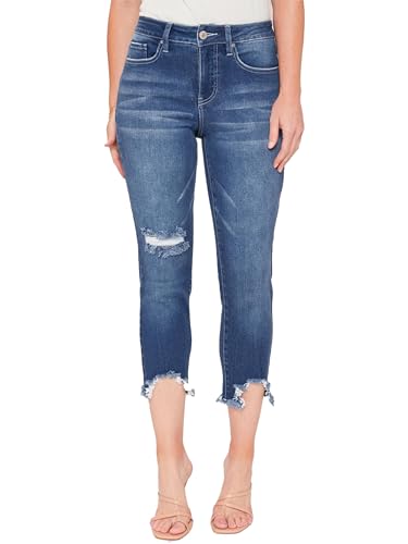 Royalty For Me Women's High Rise Vintage Straight Fray Hem Jean, Indigo Blue, 14