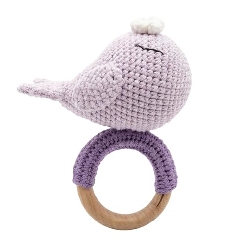 Image of Handmade Crochet Whale Baby Rattle Toy with Natural Beech Wood Ring | Soft Amigurumi Infant Teether for Newborns & Toddlers | Montessori Sensory Toy for Baby Boys & Girls