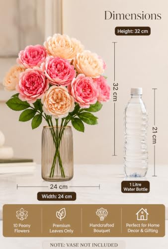 Image of Divyakosh Artificial Flower for Vase (10 Peony Flower Heads), Artificial Flowers Bunch (Vase Not Included), Luxury Floral Centerpiece for Living Room Dining Table Office Decor