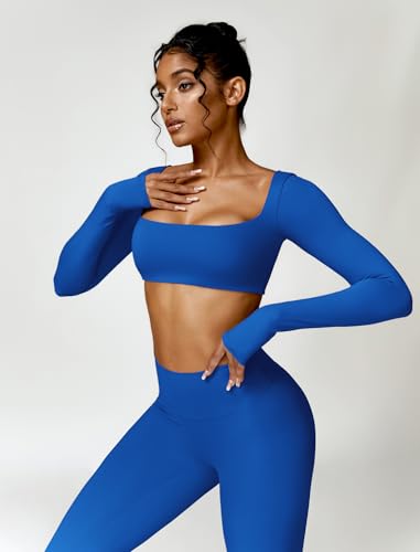Image of ABOCIW Women Square Neck Long Sleeve Workout Crop Top Low Medium Impact Athletic Yoga Gym Shirts with Built in Bra(ONLY TOP)