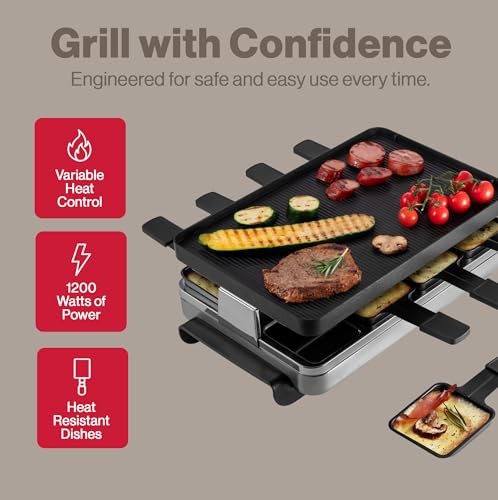Swissmar Classic Raclette Party Grill with Reversible Cast Aluminum Non-Stick Grill Plate/Crepe Top, Outdoor & Indoor Electric BBQ Grill, Samgyupsal Griller - Brushed Stainless Steel - 8-Person
