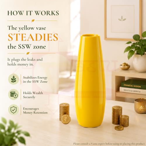 Image of Yellow Vase for Home Decor | Height -35 Cm | Vase for Living Room, Table, Shelf & Office | Decorative Vastu Yellow Vase |