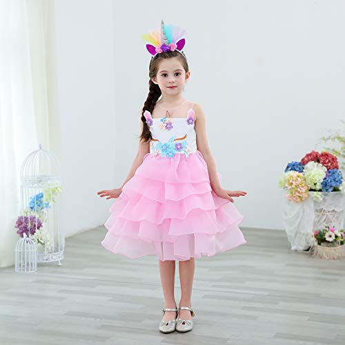 Hulaha Girls Unicorn Dress Pageant Flower Costume Baby Girls Party Dress Kids Ball Gowns Ruffle Pink With Headband 5-6X Tag 130Cm #TOP3