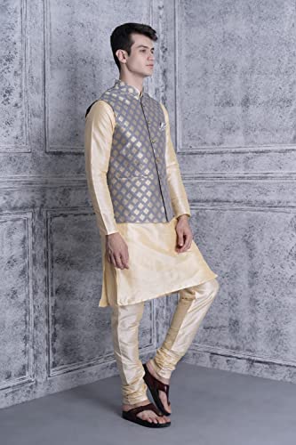 Image of Ethluxis Men's Silk Blend Navy Kurta Pyjama Set with Bundi Nehru Jacket Waistcoat