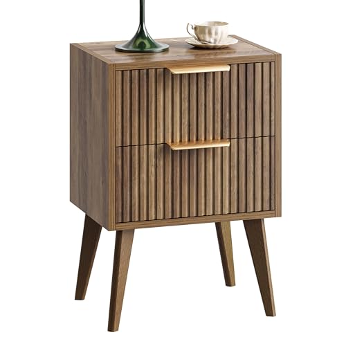 Grooved Night Stand with 2 Drawers Modern Bedside Table with Metal Handles White Side Table with Solid Wood Legs Mid-Century End Table for Living Room Bedroom Caramel Oak CTG55BR