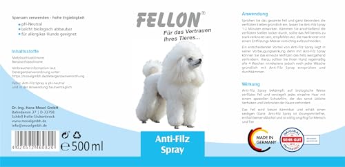 Fellon Anti-Filz für Hunde | Entfilzungsspray 500 ml | pH-neutral | Fellpflege für seidigen Glanz & leichte Kämmbarkeit | für alle Felltypen, Welpen & Allergiker | Dermatologisch getestet