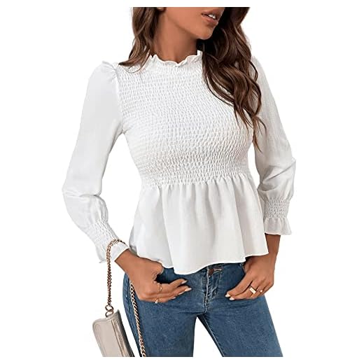 SOLY HUX Långärmad damblus med volangsöm eleganta toppar tunika puffärmar långärmade toppar höstskjorta blusar tröja med ståkrage, Vit, M