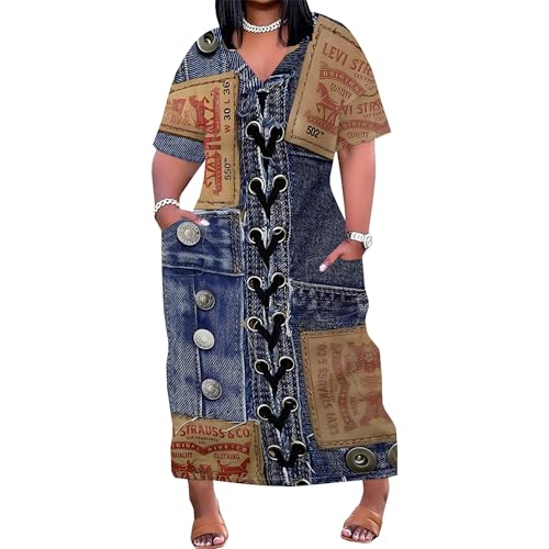 Womens Plus Size Denim-Print Fashion Maxi Dresses Casual Soft Tshirt Dress