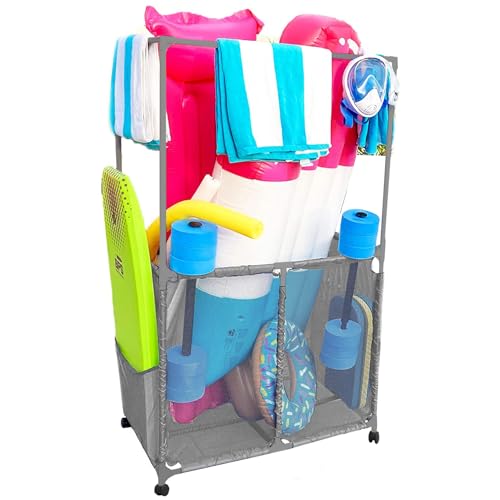 Pool Bins Pool Equipment Holder with Towel Drying Bars, Mesh Rolling Multi Use Storage Organizer Bin, Large Towel Hanger (25" L x 34.5" W x 62.6" H), Gray