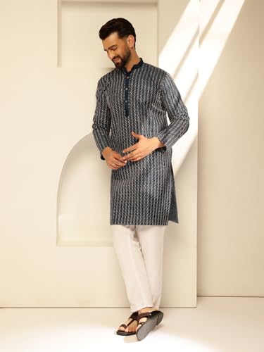 Image of SOJANYA (Since 1958 Men's Silk Blend Long Kurta with Subtle White Detailing | Traditional Ethnic Wear for Navratri