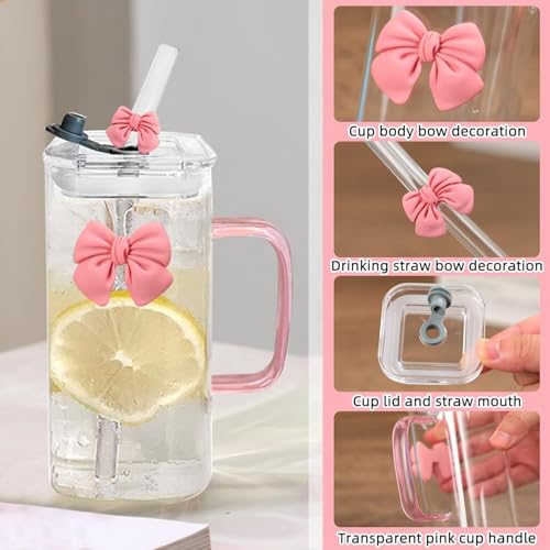 Image of FUNKYFINDS Pink Cute Bow Square Glass Cup with Lid and Straw, Pink Glass Tumbler with Handle Bow Knot Transparent Drinking Glasses for Juice, Iced Coffee, Milk, and Tea Girl Birthday Gifts (Set of 1)