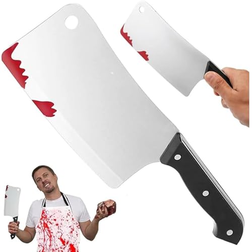 PARENCE.- Hachoir Ensanglanté Accessoire de Déguisement – Couteau de Boucher Factice 30 cm pour Halloween, Cosplay et Soirées à Thème, Gris