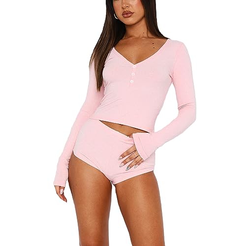 Women 2 Piece Pajamas Shorts Set Long Sleeve V Neck Button Down Cropped Tops Sexy Y2k Bodycon Shorts Pjs Loungewear (Cute Pink 1, S)