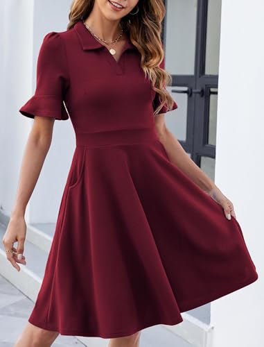 Image of Mokayee Womens Summer Ruffle Sleeve Collared V Neck Fit and Flare Elegant A line Swing Dresses with Pockets