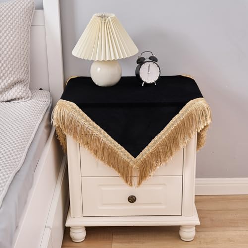 Square Black Velvet Tablecloth for Nightstand Solid Color Coffee Table Cover with Tassel Soft Velvet Fabric Washable Wipeable Bedside Table Cover for Indoor Outdoor Home Kitchen Decoration (24 Inch)