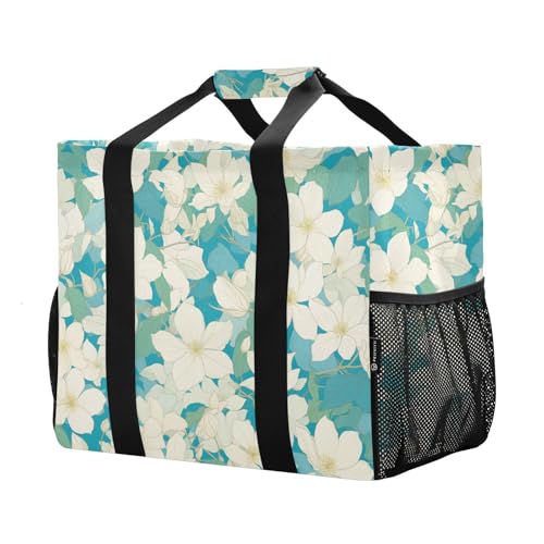Chic White Clematis Flowers Teal Background Utility Tote Bag Collapsable Tote Bag For Beach Water Resistant Grocery Bags Reusable with Handles Travel Laundry Bags2