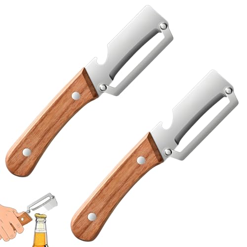 2 Pack Multifunctional Vegetable Peeler, 2-in-1 Kitchen Peeler with Bottle Opener, Wooden Handle & Stainless Steel Blade, for Potato, Carrot, Fruit, Pumpkin, Papaya & More