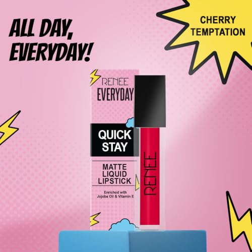 Image of RENEE Everyday Quick Stay Liquid Lipstick - Cherry Temptation, Matte Long Wear Lip Colour for Women, Lightweight Hydrating Non Drying Formula with Jojoba Oil and Vitamin E, Rich Colour Payoff, 1 ml