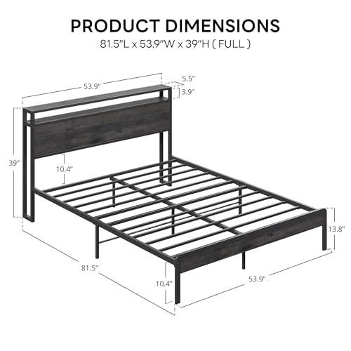 Image of LIKIMIO Full Bed Frame with Headboard, Dark Wood Camas Full with Strong Supports, Sturdy, Noise-Free, No Box Spring Needed, Charcoal Grey