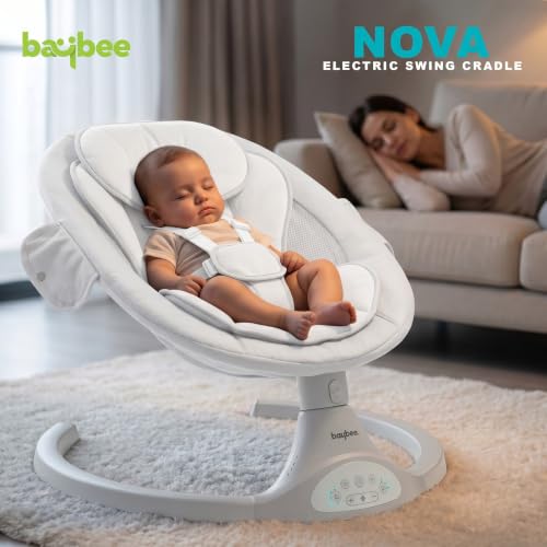 Image of Baybee Electric Baby Swing with Adjustable Speed & Soothing Music | Baby Relaxing Swing Jhula with Mosquito Net, Safety Belt & Removable Toy | Rocking Function Cradle for New Born Babies (White)