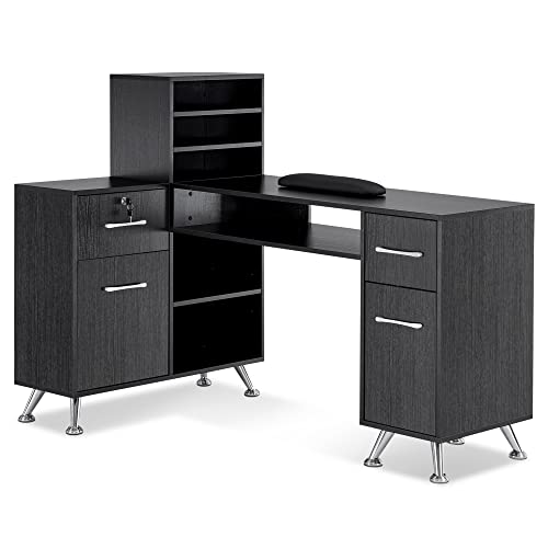 BarberPub L-Shaped Manicure Table with Drawers and Shelves for Storage, Salon Corner Nail Desk, Makeup Dressing Station 2866 (Black)